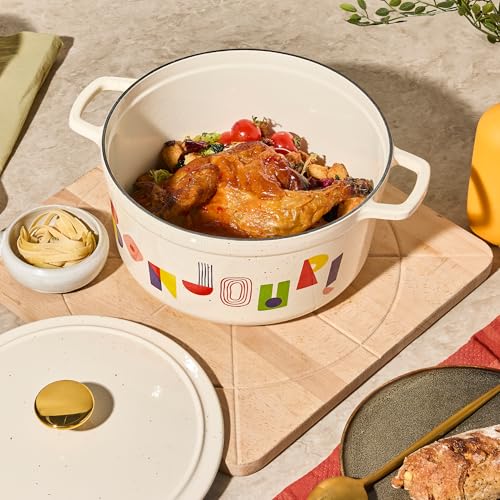 CAROTE 5QT Cast Iron Dutch Oven Pot with Lid, Enameled Floral Dutch Ovens with Gift Box, Versatile Heavy-Duty Cookware for Sourdough Bread Baking, Braising, Stews, Roasting, Healthy & Non-Toxic, All Stovetop Compatible, Oven Safe up to 500° F, Bonjour