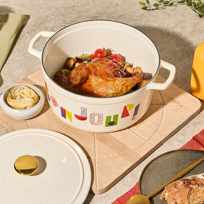CAROTE 5QT Cast Iron Dutch Oven Pot with Lid, Enameled Floral Dutch Ovens with Gift Box, Versatile Heavy-Duty Cookware for Sourdough Bread Baking, Braising, Stews, Roasting, Healthy & Non-Toxic, All Stovetop Compatible, Oven Safe up to 500° F, Bonjour