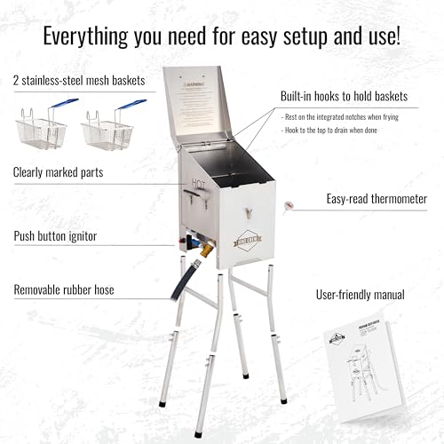 Hike Crew Outdoor 4-Gallon Propane Deep Fryer 57,000 BTU for Camping & Outdoor Kitchen with Push Ignition, 2 Stainless Mesh Frying Baskets, Built-In Thermometer, Gas Regulator & Drain Valve