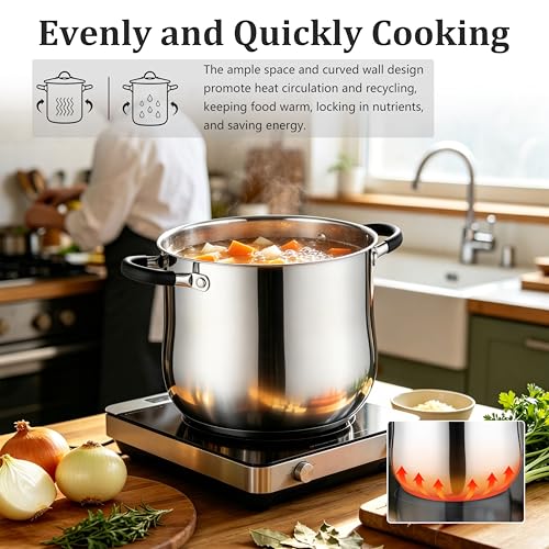 E-far 12 Quart Stock Pot, Stainless Steel Pot with Lid for Cooking Soup Simmering Stew, Tall Induction Pot w/Tri-Ply Thick Base, Large Cooking Pot w/Dual Heat Proof Handles, No-Toxic & Dishwasher Safe