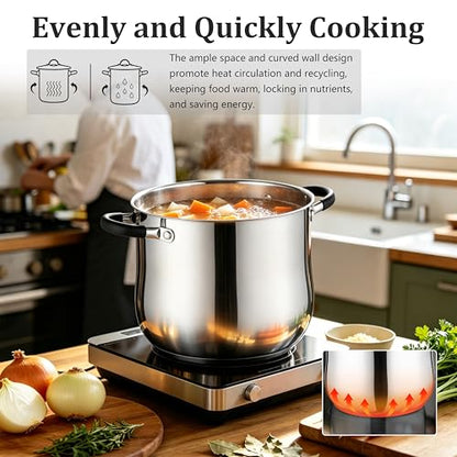 E-far 12 Quart Stock Pot, Stainless Steel Pot with Lid for Cooking Soup Simmering Stew, Tall Induction Pot w/Tri-Ply Thick Base, Large Cooking Pot w/Dual Heat Proof Handles, No-Toxic & Dishwasher Safe