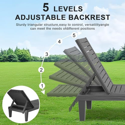 EasyUp Resin Chaise Lounge Chairs with 5-Position Backrest, UV & Fade-Resistant, Waterproof for Garden, Pool, Beach & Patio (Set of 1-Black)