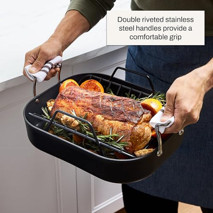 All-Clad Essentials Hard Anodized Nonstick Roaster with Rack 11x14 Inch Oven Broiler Safe 500F Roaster Pan, Pots and Pans, Cookware Black