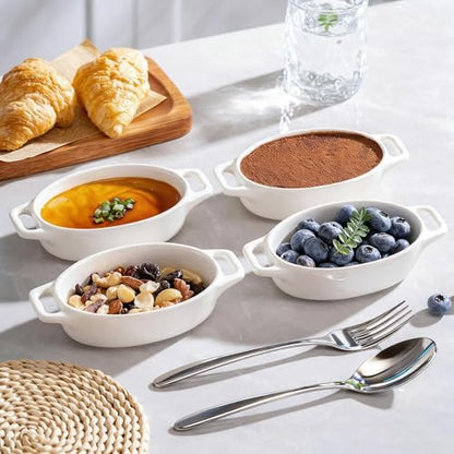 Zaposcca 4-Pack Oval Creme Brulee Ramekins, 4 oz Mini Porcelain Souffle Dish, Ramekins Oven Safe with Double Handles (White)