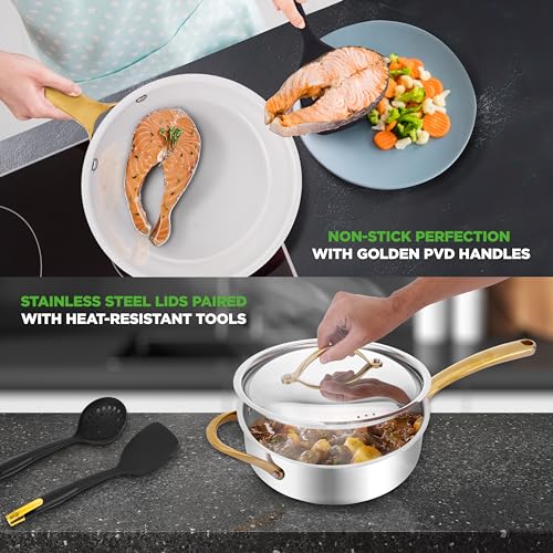 NutriChef 16 Piece Stainless Steel Cookware Set, Induction Cookware with Golden Handles - Non Stick Pots and Pans Set with lids and Utensils - PFOA/PFOS Free, Oven Safe, & Easy to Clean