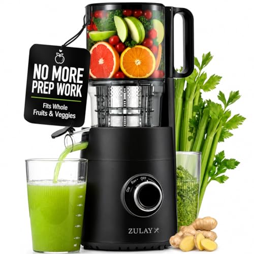 Zulay Kitchen Juicer Machine with 5" Wide Feed Chute, Cold Press Slow Masticating Juicer for Whole Fruits & Vegetables, Easy to Clean Stainless Steel Blades, High Juice Yield - Black