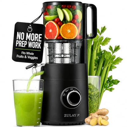 Zulay Kitchen Juicer Machine with 5" Wide Feed Chute, Cold Press Slow Masticating Juicer for Whole Fruits & Vegetables, Easy to Clean Stainless Steel Blades, High Juice Yield - Black