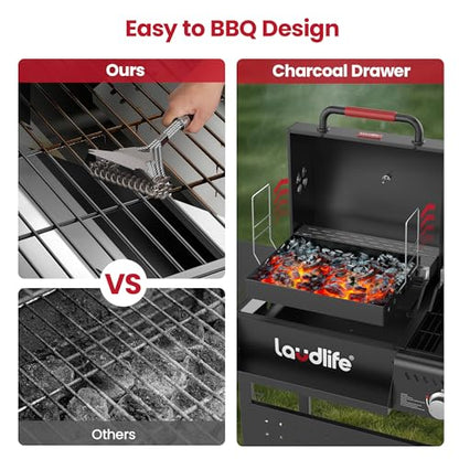 LAUDLIFE Gas and Charcoal Grill Combo with Side Burner, 3 Burners Propane BBQ Grill, 748 SQ.IN Cooking Space, Non-Stick Enamel Coating Grates, Heavy-Duty Stand for Backyard & Outdoor Barbecue