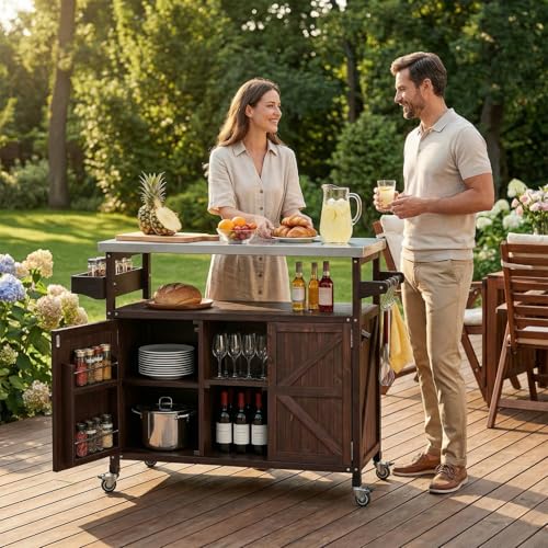 YeahFurn 50" Outdoor Grill Cart with Storage, Solid Fir Wood Grill Prep Table, Rolling Outdoor Cooking Station with Stainless Steel Top, Brown
