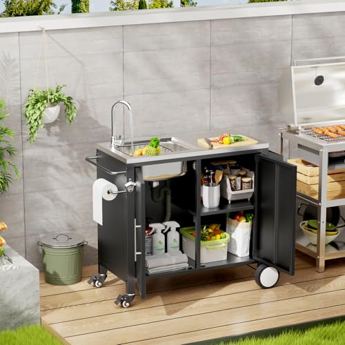 ahomrt Outdoor Grill Table with Sink, Grill Cart with 304 Stainless Steel Sink and Cabinet, Outdoor Grill Cart,Outdoor Cart Sink Station with Wheels, 38in x 18in x 35in