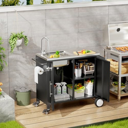 ahomrt Outdoor Grill Table with Sink, Grill Cart with 304 Stainless Steel Sink and Cabinet, Outdoor Grill Cart,Outdoor Cart Sink Station with Wheels, L38” x W18” x H35”