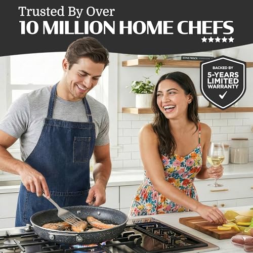 Granitestone Ceraluxe 14 Inch Frying Pan with Lid, Family Sized Large Frying Pan Skillet with Ceramic Nonstick Coating, Non Toxic PFOA Free, Oven and Dishwasher Safe - Black