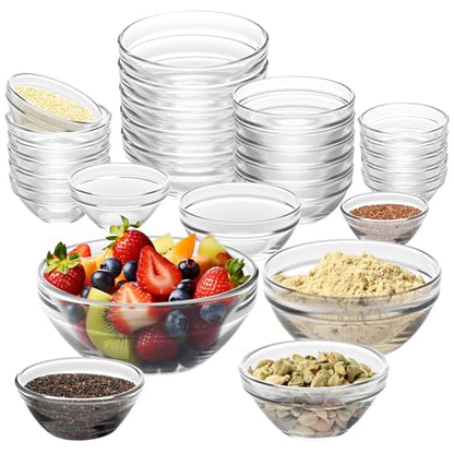 LemonRoad 20 Pcs Glass Prep Bowls Sets 4 Sizes 1.5/2.5/4.5/8.5 oz Cooking Clear Small Prep Pinch Bowls Mini Stackable for Toppings, Kitchen, Salt, Spices, Dipping, Baking & Meal