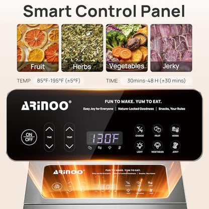 ARINOO Food Dehydrator Machine with 12 Stainless Steel Trays, 48H Timer