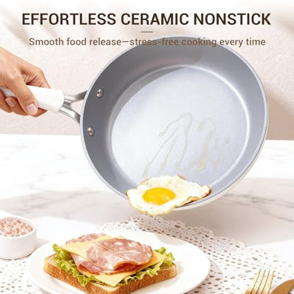 Ammeloo 15-Piece Ribbed Ceramic Cookware Set, Pots and Pans Set Non Stick, Induction Ready, Healthy Non Toxic Kitchen Cooking Set PFAS/PFOA/PTFE-Free, Silicone-wrapped Stay-Cool Handle