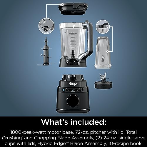 Ninja Full Size & Personal Blender I All-in-One | For-Smoothies, Food and More | BlendSense Tech I Includes 72 oz. Pitcher & (2) 24 oz. To-Go Cups with Lids | 1800 Peak Watt | Black | TB301