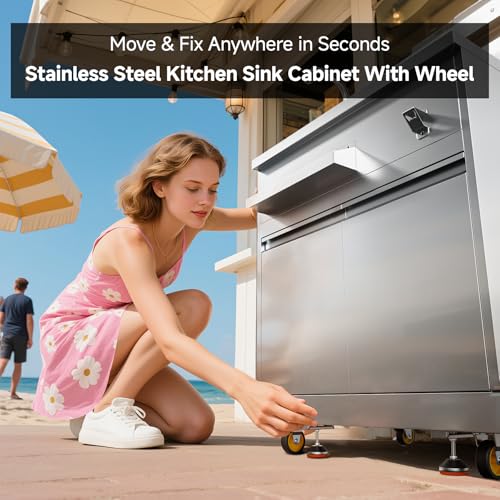 BODEGA Stainless Steel Single bowl kitchen sink Cabinet With hose hookup and Faucet, Outdoor Kitchen Sink with Storage, Brake Wheels & Spice Rack, All-Weather Sink, Use For RV, Yard,Garage,Restaurant.