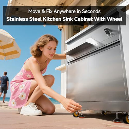 BODEGA Stainless Steel Single bowl kitchen sink Cabinet With hose hookup and Faucet, Outdoor Kitchen Sink with Storage, Brake Wheels & Spice Rack, All-Weather Sink, Use For RV, Yard,Garage,Restaurant.