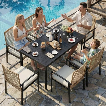 Rotihom 7-Piece Outdoor Dining Set for 6, Patio Dining Set with Hand-Woven Wicker Chairs & Cushions, 60" x 33" x 30" Wider Aluminum Woodgrain Table for Deck, Garden, Backyard
