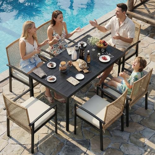 Rotihom 7-Piece Outdoor Dining Set for 6, Patio Dining Set with Hand-Woven Wicker Chairs & Cushions, 60" x 33" x 30" Wider Aluminum Woodgrain Table for Deck, Garden, Backyard
