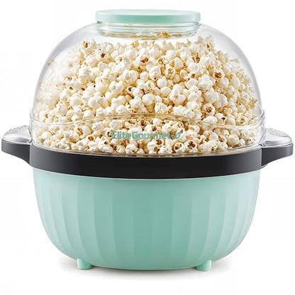 Elite Gourmet 4.5Qt. Stirring Popcorn Maker with Ceramic Coated Plate, Stirring Rod, Clear Cover Doubles as Serving Bowl, Butter Melting Tray, Up to 18 Cups, Makes Fresh Buttery Popcorn, Mint