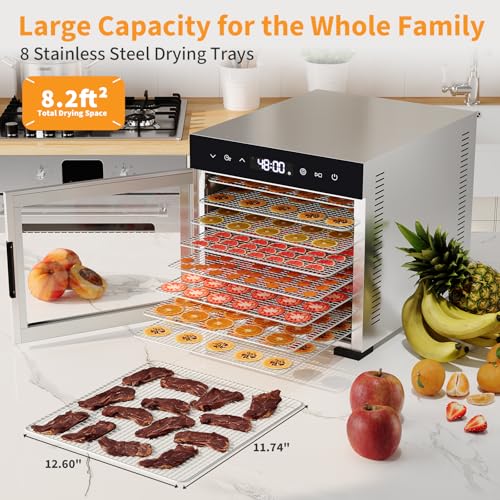 NEWBULIG 8 Stainless Steel Trays Food Dehydrator, 500W High Power Electric Food Dryer, 24 Hours Timing, 185°F Adjustable Temp, Perfect for Fruit, Meat, Jerky, Herbs and Dog Treats