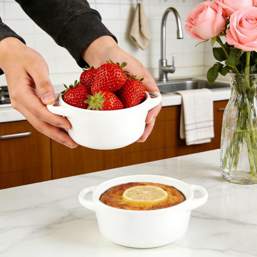 ZUQIAN Mini Cocotte Set of 4, 14 Oz Small Casserole Dishes with Lids And Handles, Ceramic Small Dutch Oven Pot With Lid, White Individual Baking Ramekins For Baking, Baked Desserts, Oven