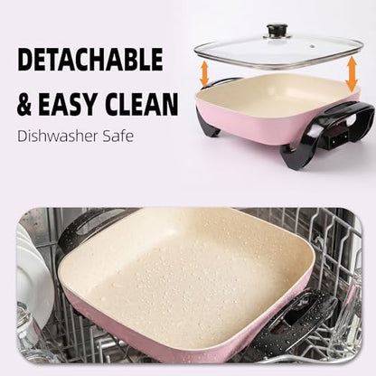 I-Keukenn 12" Ceramic Nonstick Electric Skillet with Tempered Vented Glass Lid, Scratch-Resistant Surface, Cool-Touch Handles, Removable Easy-to-Clean Design, 1200W, Vibrant Pink