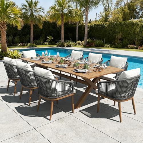 LayinSun 9 Pieces Outdoor Patio Dining Set, Aluminium Rectangular Dining Table and Wicker Rattan Chairs Set for Outside Backyard, Poolside