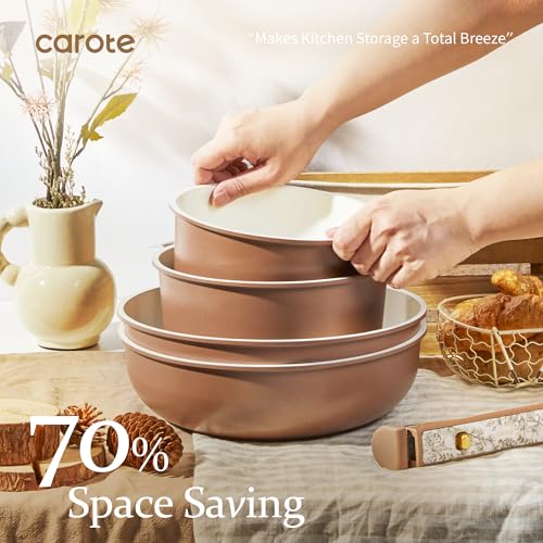 CAROTE 25-Piece Ceramic Cookware Set, Nonstick Pots and Pans Set with Detachable Handle, Non-Toxic Kitchen Cooking Set, Dishwasher & Oven Safe, Induction Compatible, PFAS Free, Chocolate