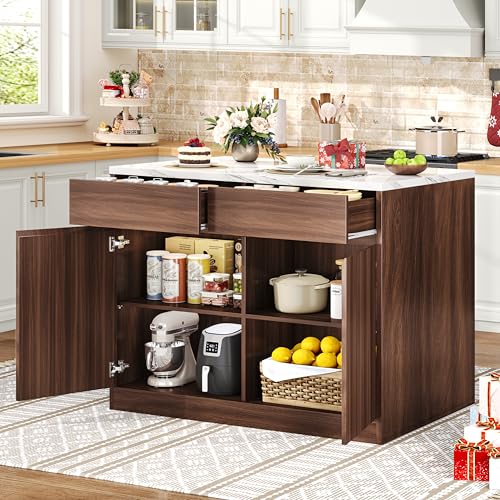 Kitchen Island with Storage, 47.2" Large Faux Marble Countertop Kitchen Island with 2 Drawers and Adjustable Shelves, Coffee Bar Station, Beveled Edge Door Cabinet, Dining Table for 2-4 People, Walnut