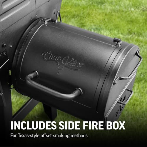 Char-Griller® Texas Trio 3-Burner Gas & Charcoal Grill and Smoker, Push Button to Ignite, Dual temperature Guages, Side Burner, Includes Side Firebox, 1,390 Cooking Square Inches, Black, Model# 3070