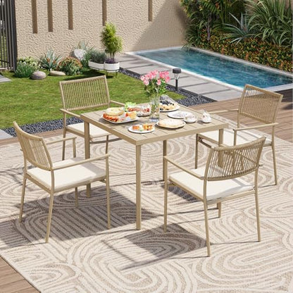 5-Piece Outdoor Dining Set for 4, Rectangle Expandable Table with Umbrella Hole, 4 Wicker Rattan Chairs with Soft Cushion,Patio Dining Set, Conversation Set for Backyard, Garden & Poolside, Beige