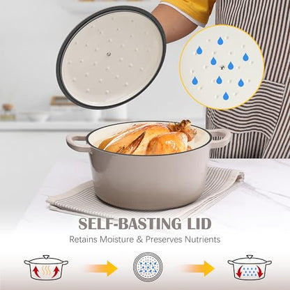 E-far Enameled Dutch Oven Pot for Bread Baking, 6QT Enameled Cast Iron Cookware with Self-Basting Lid & Sourdough Bread Baking Supplies, Heavy Duty Casserole Pot & Dual Handles-Khaki