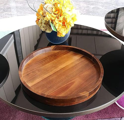 Acacia Wood Round Serving Tray, 13.8" Charcuterie Board with Rim, Decorative Centerpiece for Ottoman, Coffee Table, Couch, Kitchen Island, Round Serving Platter, 1 Pack