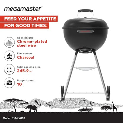Megamaster Premium Charcoal Grill, 18" Heavy Duty Charcoal Kettle Grill, Outdoor Cooking, Camping Patio, Backyard, Tailgating, Black