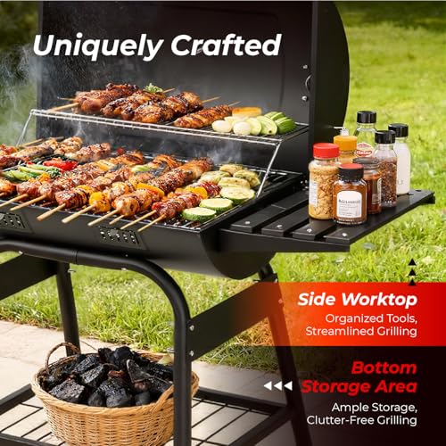 Outvita Barrel BBQ Charcoal Grill with Warming Rack & Dual Prep Table Black