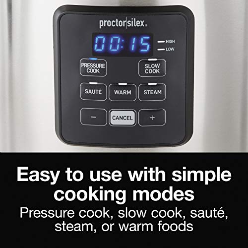 Proctor Silex Proctor-Silex Simplicity 4-in-1 Electric Pressure Cooker, 3 Quart Multi-Function With Slow Cook, Steam, Sauté, Rice, Stainless Steel (34503)