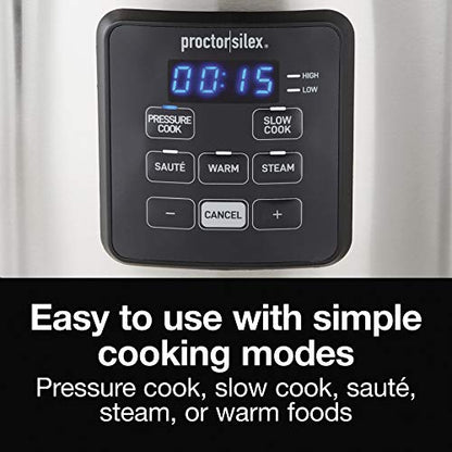 Proctor Silex Proctor-Silex Simplicity 4-in-1 Electric Pressure Cooker, 3 Quart Multi-Function With Slow Cook, Steam, Sauté, Rice, Stainless Steel (34503)