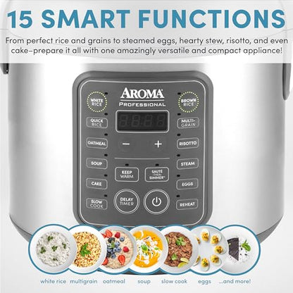 AROMA Professional Digital Rice Cooker, 10-Cup (Uncooked) / 20-Cup (Cooked), Multicooker, Slow Cooker, Steamer, Oatmeal Cooker, Egg Cooker, STS, 5 Qt, Gray, ARC-5200SG