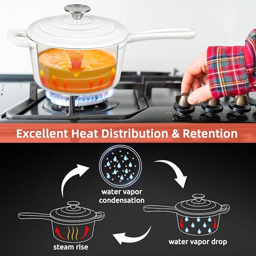 HaSteeL 3 QT Cast Iron Saucepan, Enamel dutch oven with lid, Small Non Stick Pan for Milk, Pasta Tomato Sauce, Butter, Breakfast, Soup, Suitable for Boiling Stewing Frying, Easy to Clean, White