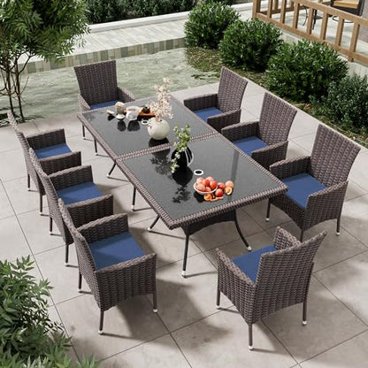 ASJMR 10 Pieces Dining Sets for 8 with Rattan Dining Set Chairs x8 and Square Table Glass Topx2 with Umbrella Cutout, Outdoor and Indoor Set-Navy