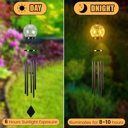 BreezeHug Solar Wind Chimes Outdoor Lights 42 Inch Large Sympathy Gift Chime 15 LED Twinkle Warm White Crackled Glass Ball Hanging Lantern Gifts for Birthday Garden Yard Patio Landscape Decor