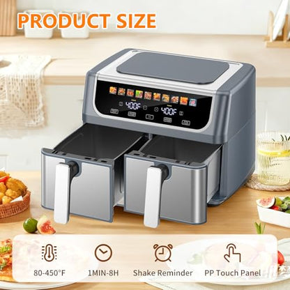 DUMOS 10-in-1 Air Fryer 9.5 QT, Large Airfryer with with 2 Independent Frying Baskets, Sync Finish & Match Cook, Shake Reminder, Wide Temperature 80-450°F, Roast Bake Defrost Dehydrate, Grey