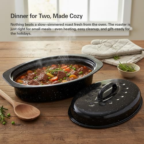 13” Enamel Roaster With Lid Oval Roasting Pan For Oven,Turkey Roaster Pot Broiler Pan Chicken Vegetables Suitable For Dining With Two People High Cookware Small Baking Pan