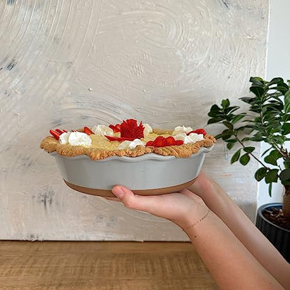 Mora Deep Fluted Ceramic Pie Dish for Apple Pie, Quiche, Tart - 9 inch - Modern Farmhouse Style Porcelain - Earl Grey