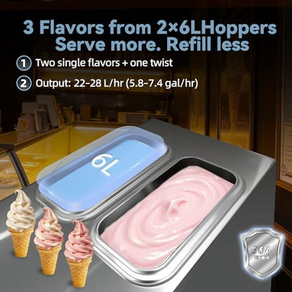 Commercial Soft Serve Ice Cream Machine 3 Flavor, Countertop Soft Serve Machine 22–28 L/hr, 2×6L Hoppers, 110V 1600W, Frozen Yogurt Machine with Pre-Cool, Night Mode, Low Mix Alert, One-Touch Clean