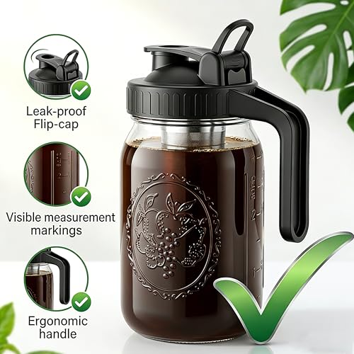Cold Brew Coffee Maker 32 Oz Wide Mouth Mason Jar Pitcher With stainless steel Filter 1 Quart Airtight & Leak-Proof cold brew pitcher with pour spout lid and handle For iced Coffee Tea and lemonade