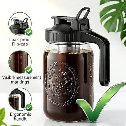 Cold Brew Coffee Maker 32 Oz Wide Mouth Mason Jar Pitcher With stainless steel Filter 1 Quart Airtight & Leak-Proof cold brew pitcher with pour spout lid and handle For iced Coffee Tea and lemonade