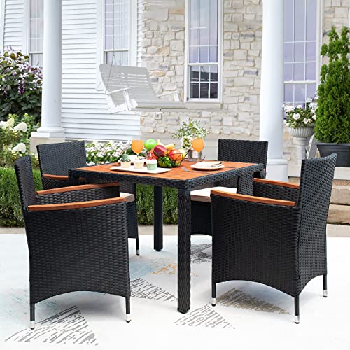 Devoko 5 PCS Furniture, Patio Conversation Set with Acacia Wood Top, Rattan Outdoor Dining Table and Chairs for Backyard, Garden, Deck, Black